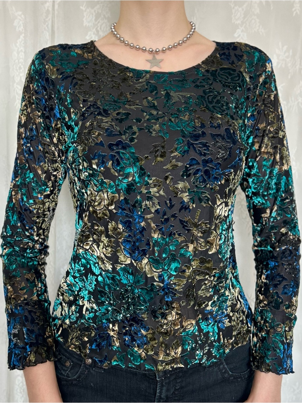 Whimsygoth Fairycore Velvet Patterned Long Sleeve Blouse